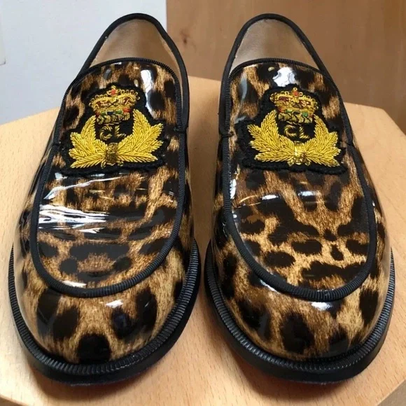 CHRISTIAN LOUBOUTIN Laperouza Brown Gold Leopard Print Patent Leather Loafer 37